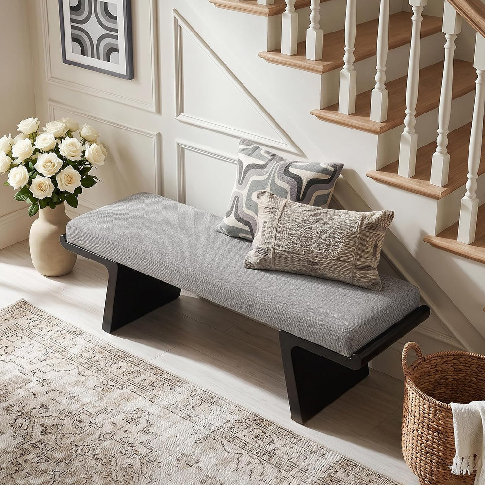 47.2" Black Wood Bedroom Bench, Upholstered Entryway Bench, Linen