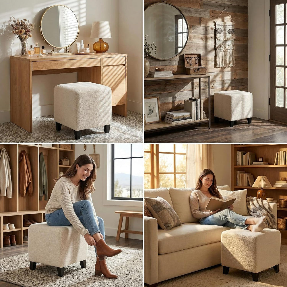 Joveco 16.3" Square Cube Ottoman, Modern Linen Fabric Foot Stool with So...