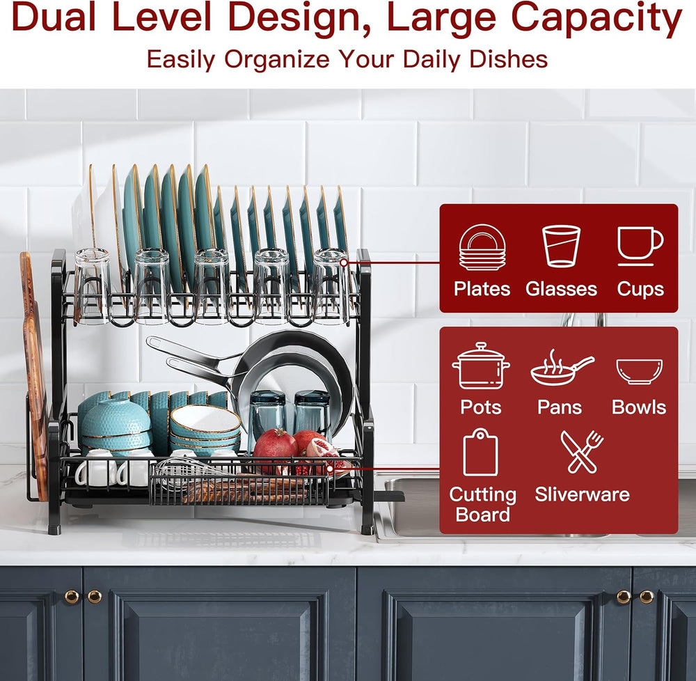 2 Tier Black Stainless Steel Dish Drying Rack for Kitchen Counter