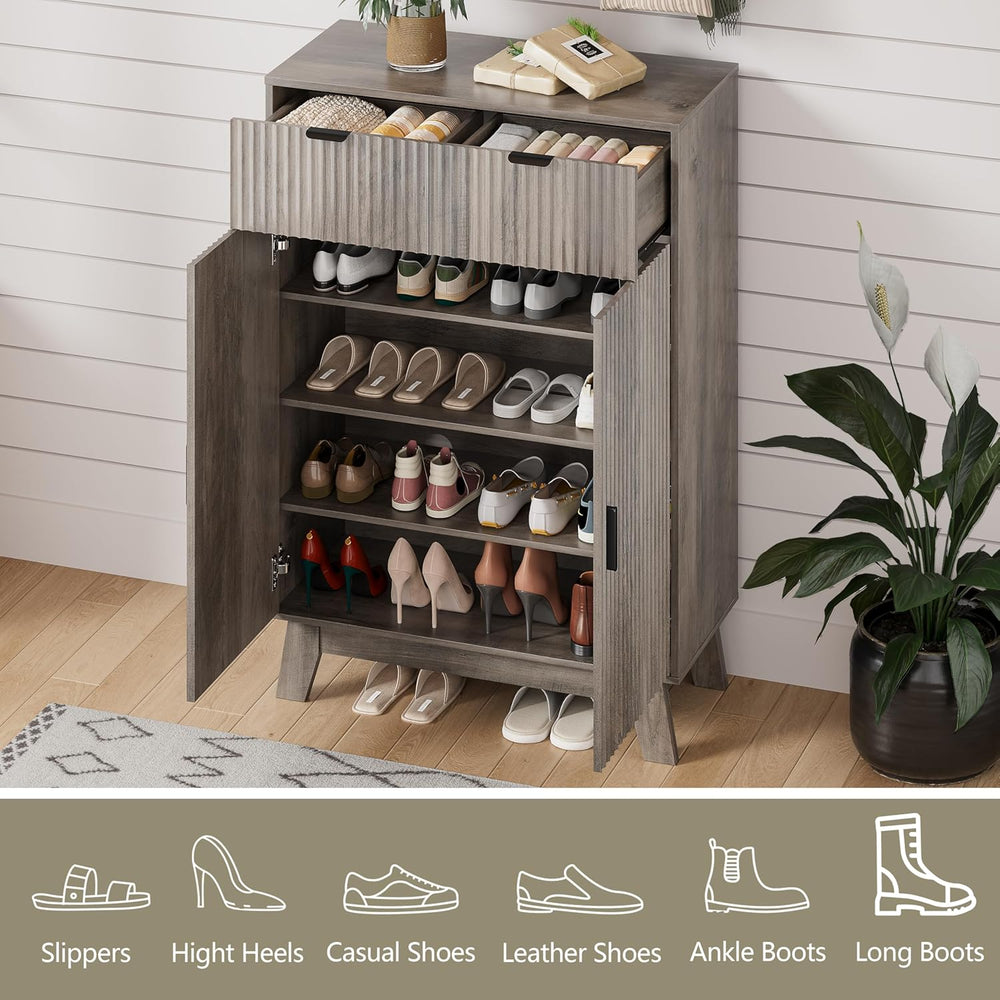 HUANLEGO 4 Tier Fluted Shoe Cabinet Storage for Entryway, Grey