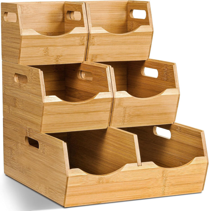 3-tier Stackable Bamboo Pantry Storage Bins, Potato & Onion Storage Baskets