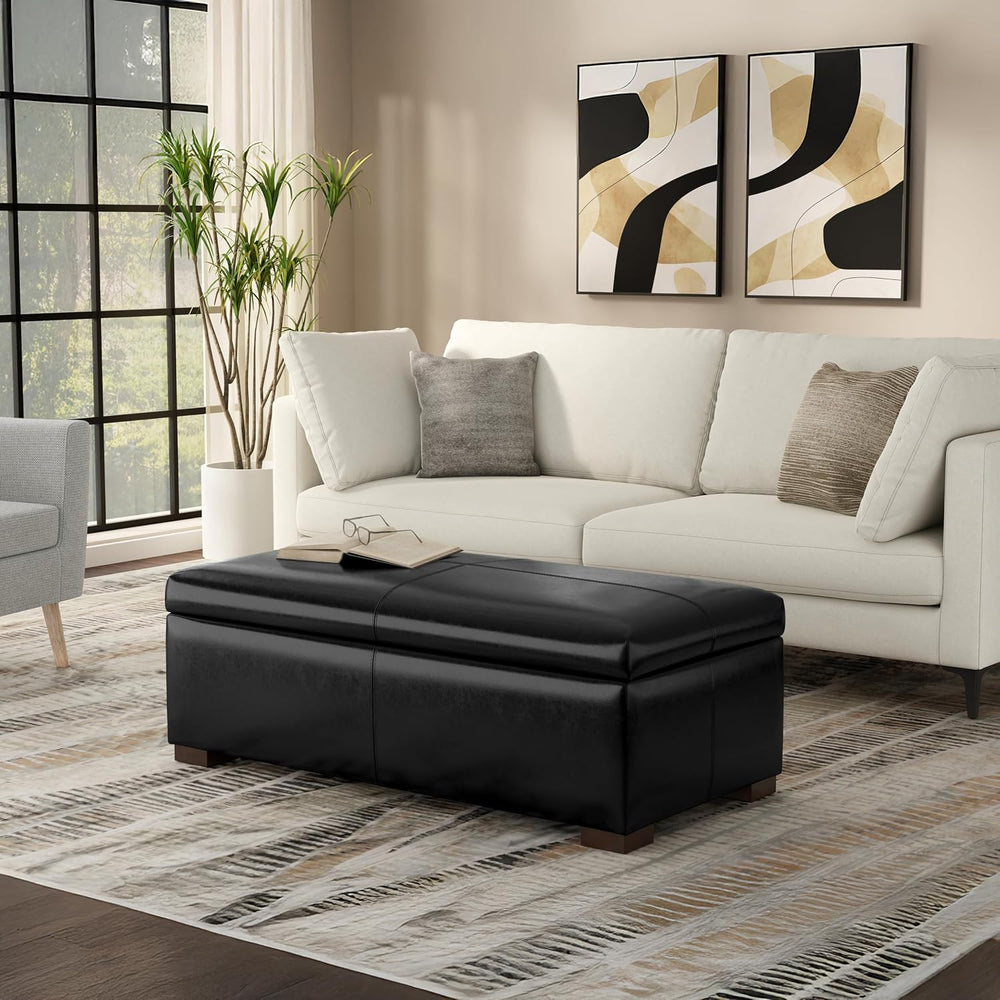SIMPLIHOME Gabbie 48" Wide Vegan Leather Storage Ottoman in Midnight Black