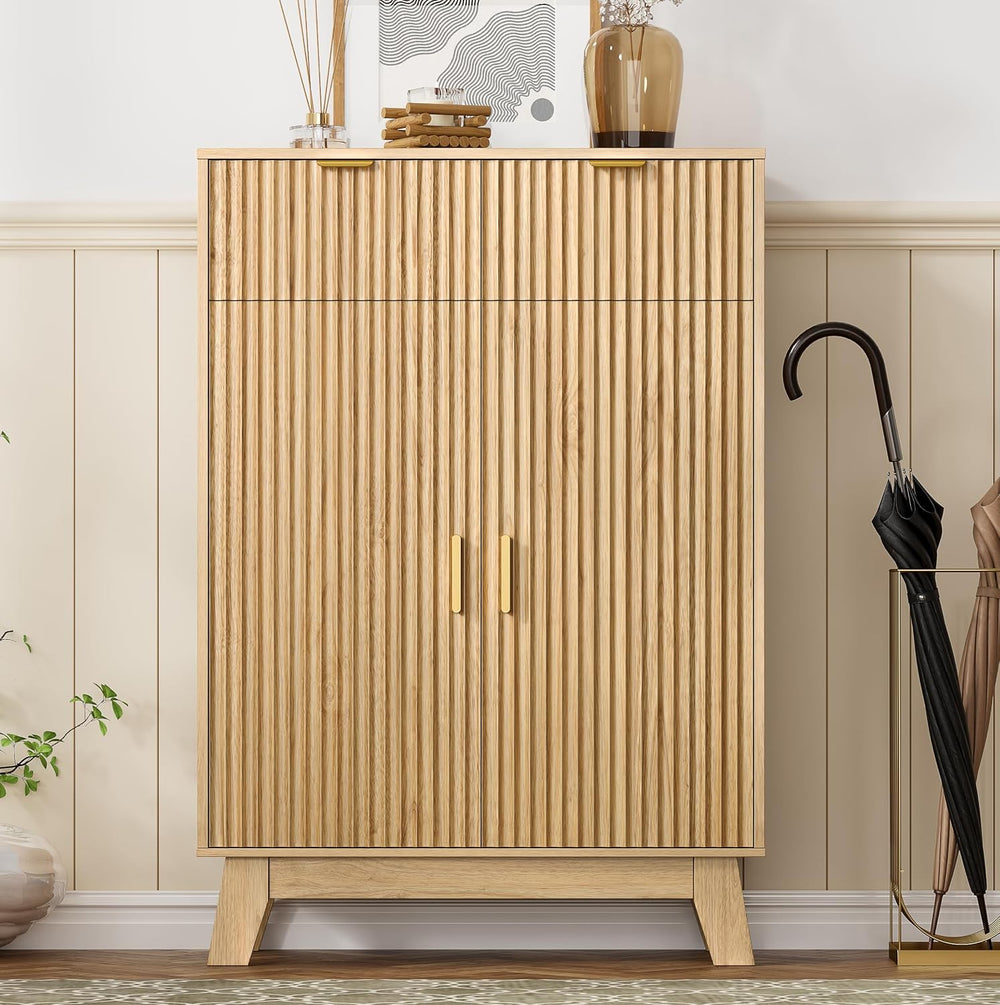 HUANLEGO 4 Tier Fluted Shoe Cabinet Storage for Entryway, Oak