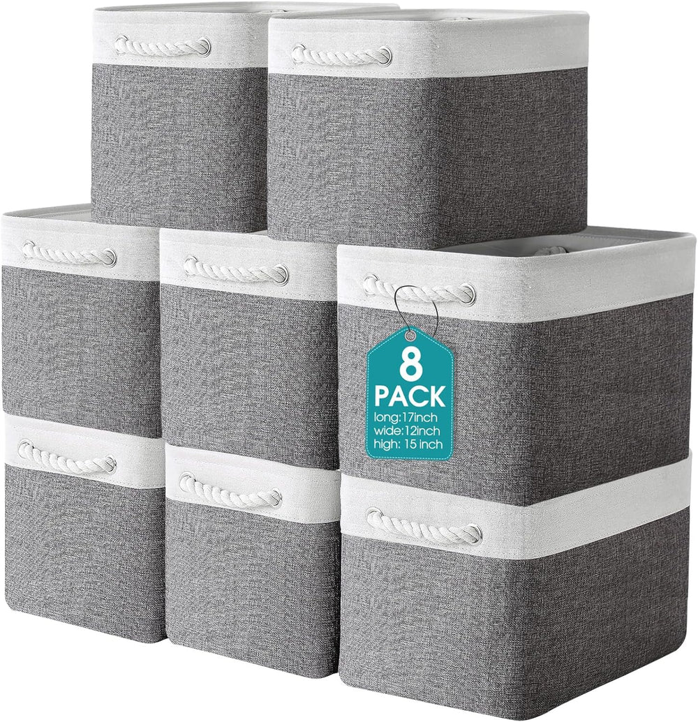 meekoo 8 Pack Fabric Storage Bins Baskets, 17 x 12 x 15 in, Gray White