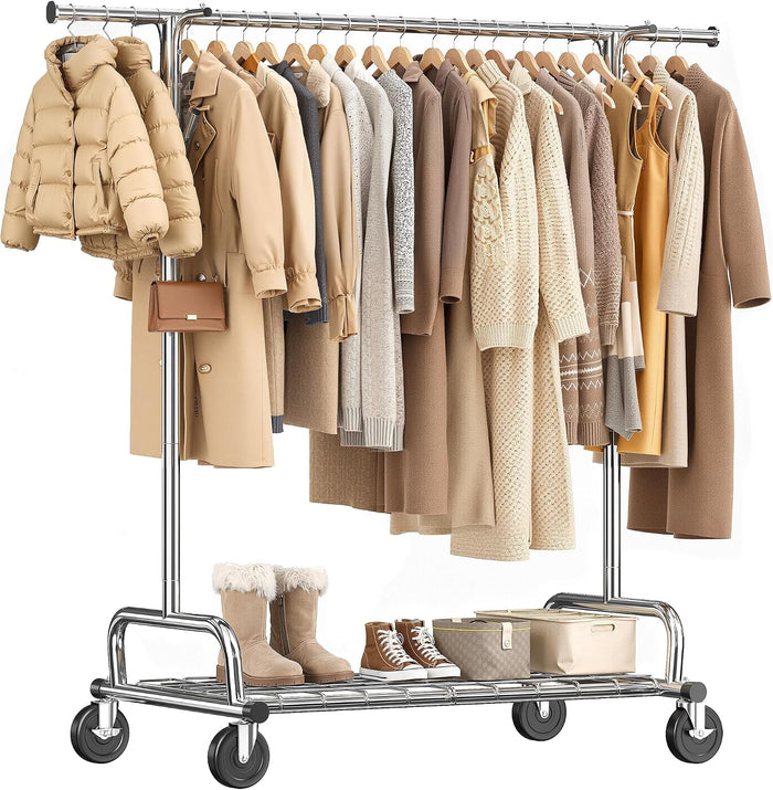 Raybee Heavy Duty Clothes Rack, 75''W Clothing Rack with 4 Hooks & Sturdy Wheels, 450 LBS Capacity, Rolling Garment Rack Holds 150 Clothes, for Bedroom/Laundry/Commercial Use, Silver