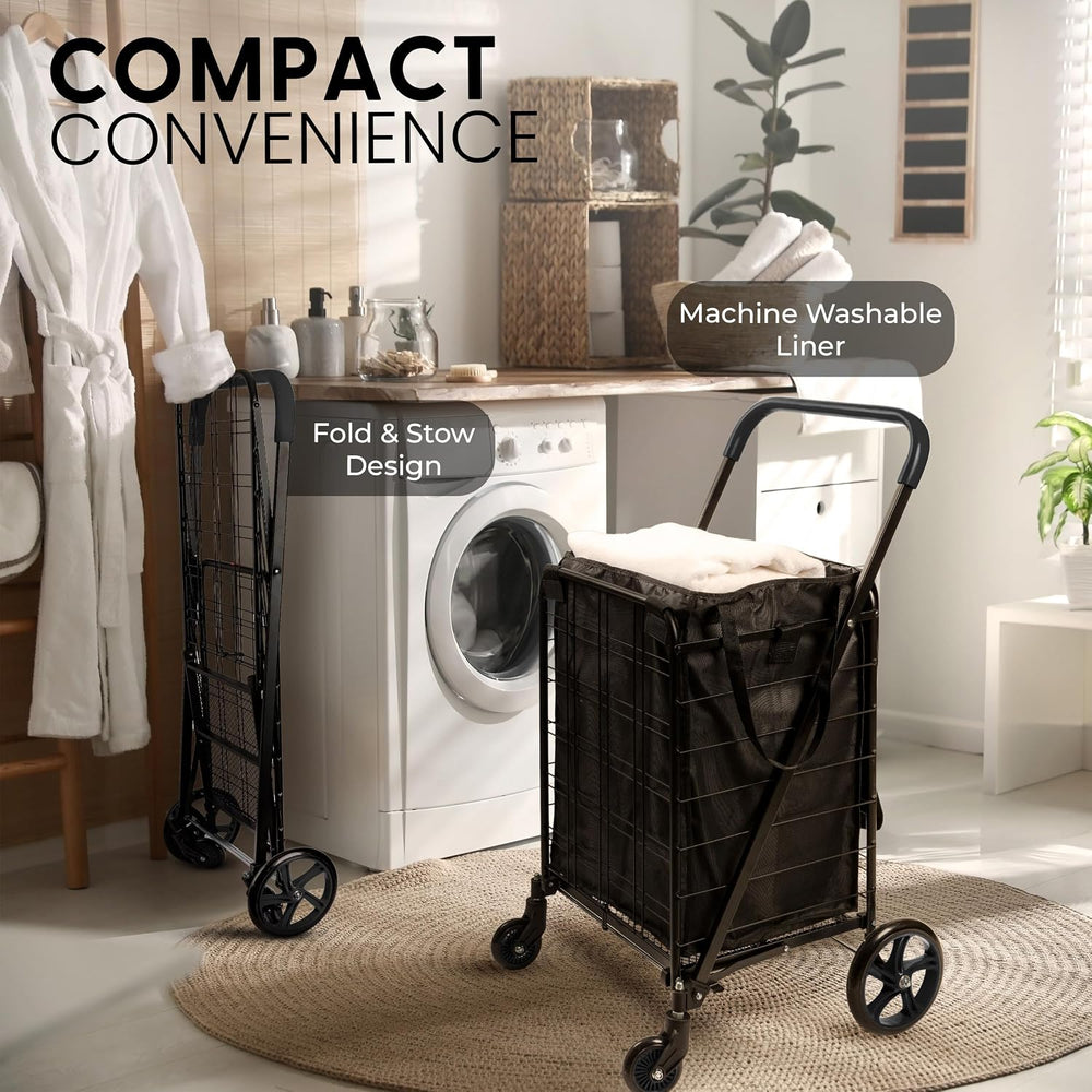 SereneLife Large Folding Utility Shopping Cart with Removable Liner – Heavy D...