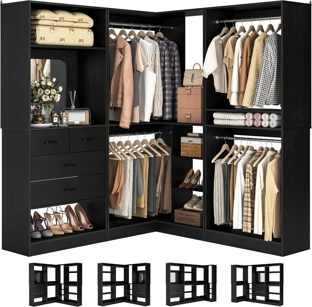 Unikito 86" Corner Closet System with 4 Drawers, 4 Hanging Rods and Mirror