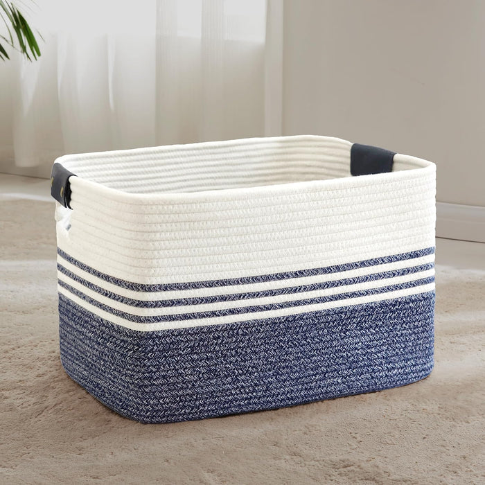 72L Woven Laundry Basket Hamper with Leather Handles,Denim Blue