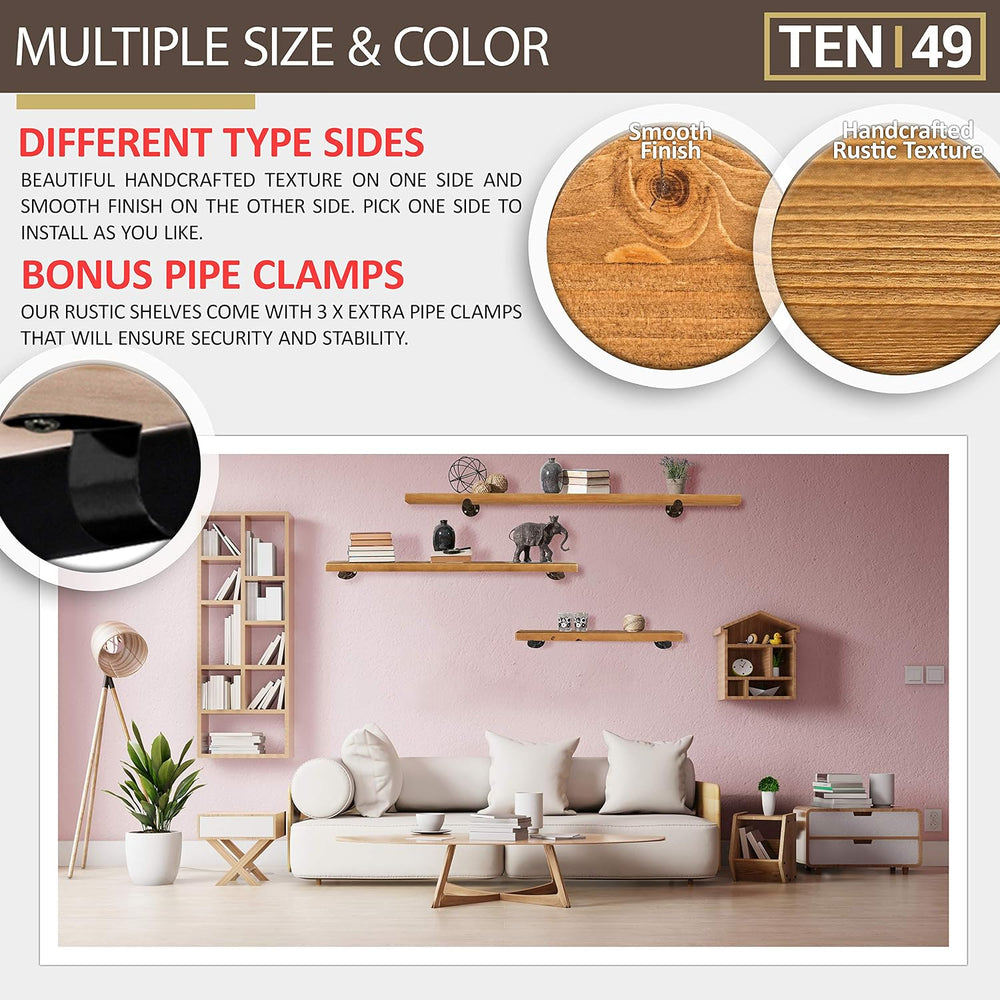 TEN49 Industrial Pipe Wood Wall Shelf - 60" Real Wooden Shelf w/ Special...