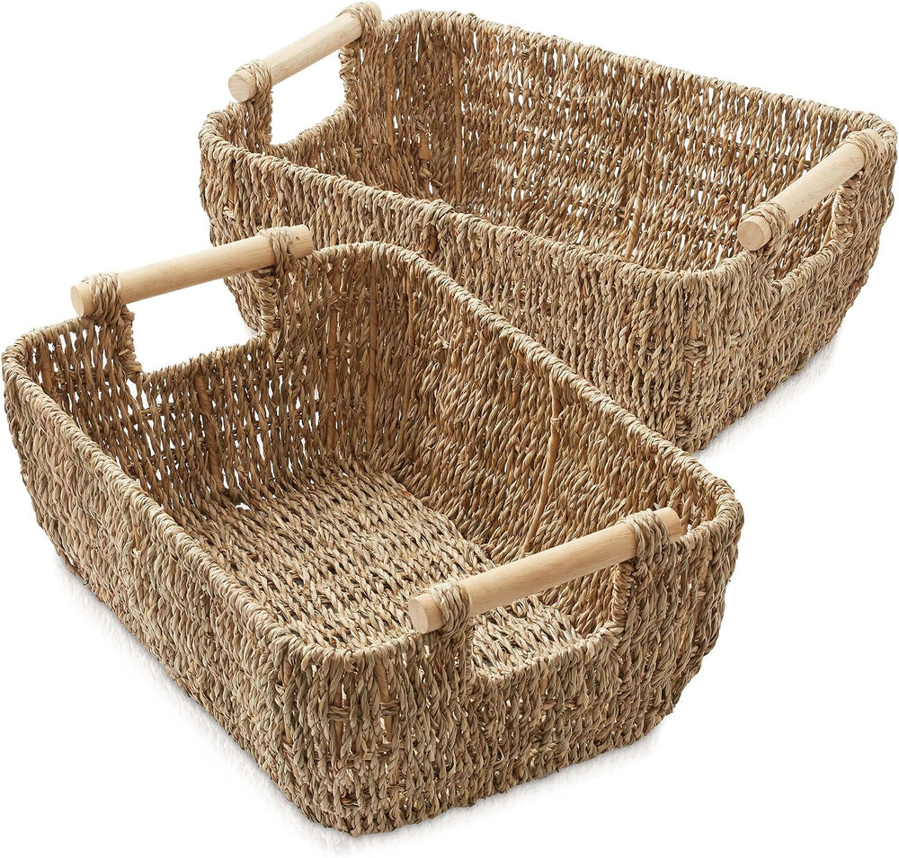 Casafield Set of 2 Seagrass Oval Storage Baskets with Wooden Handles - Large,...