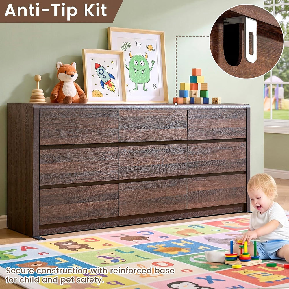 63” Wide Dresser for Bedroom, 9 Drawer Dresser, Walnut Dresser, Rounded Corne...