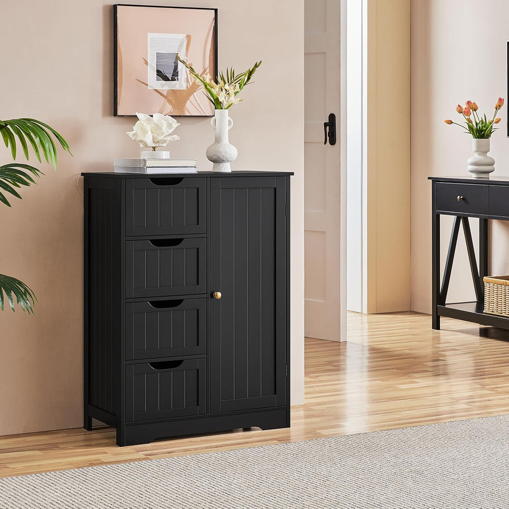 Yaheetech Bathroom Storage Cabinet with 4 Beadboard Drawers and Door, Black