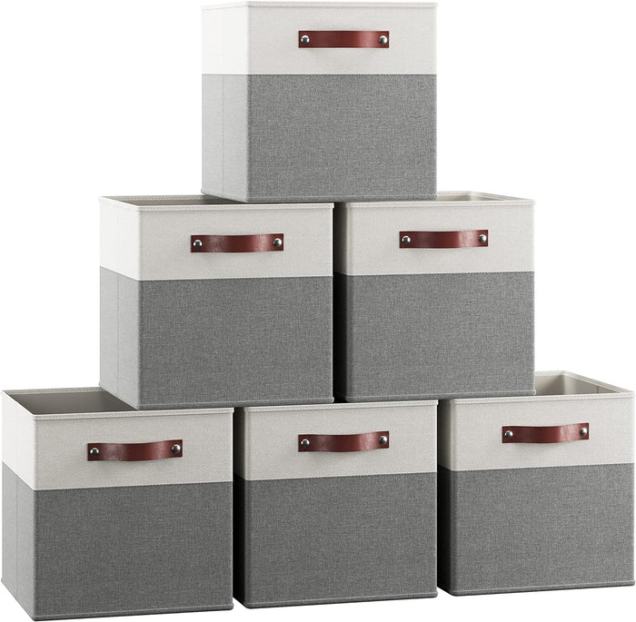 Ornavo Home 13x13 Foldable Fabric Storage Cube Bins, 6 Pack, White/Gray