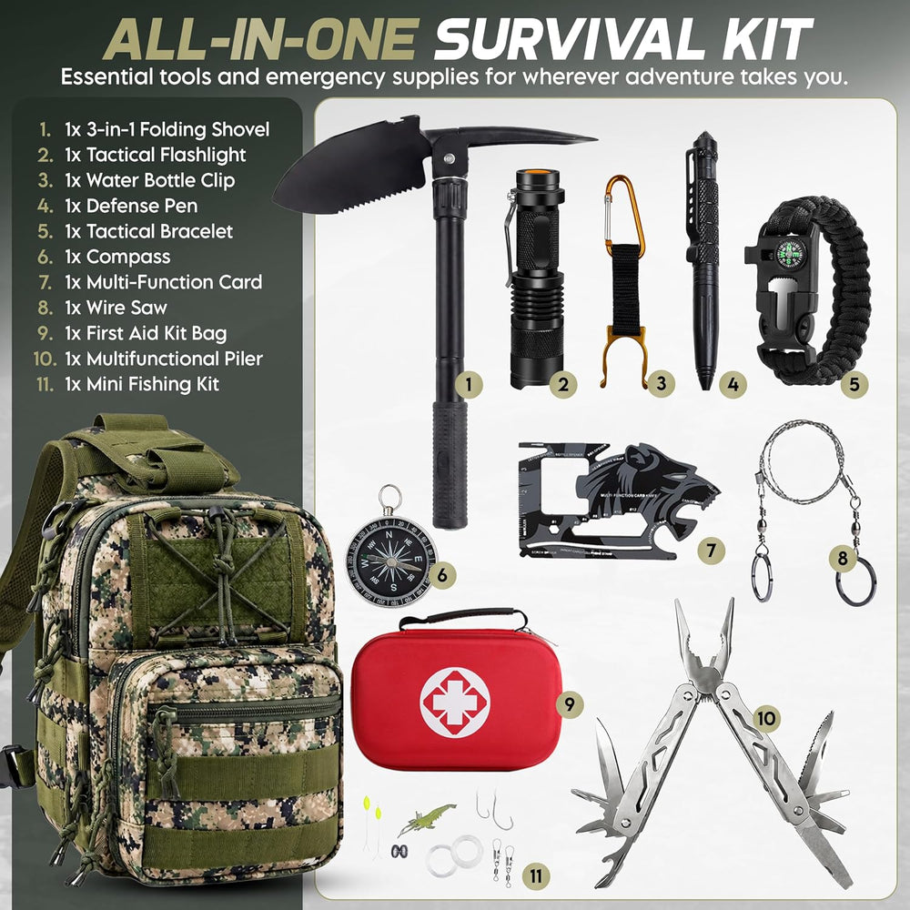 Survival Kit Emergency Supplies 298 Pcs - First Aid, Tactical Shovel, Compass...