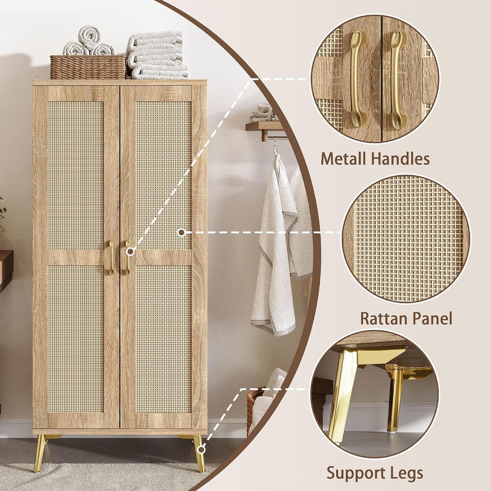 JASIWAY Tall Bathroom Storage Cabinet 57" Rattan Pantry Cabinet, Wood