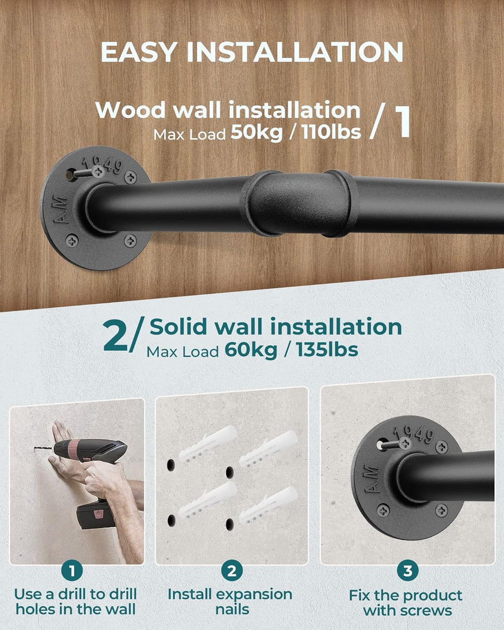 OROPY 38.4" Industrial Pipe Clothes Rack Wall Mounted, Heavy Duty, 2 Pack
