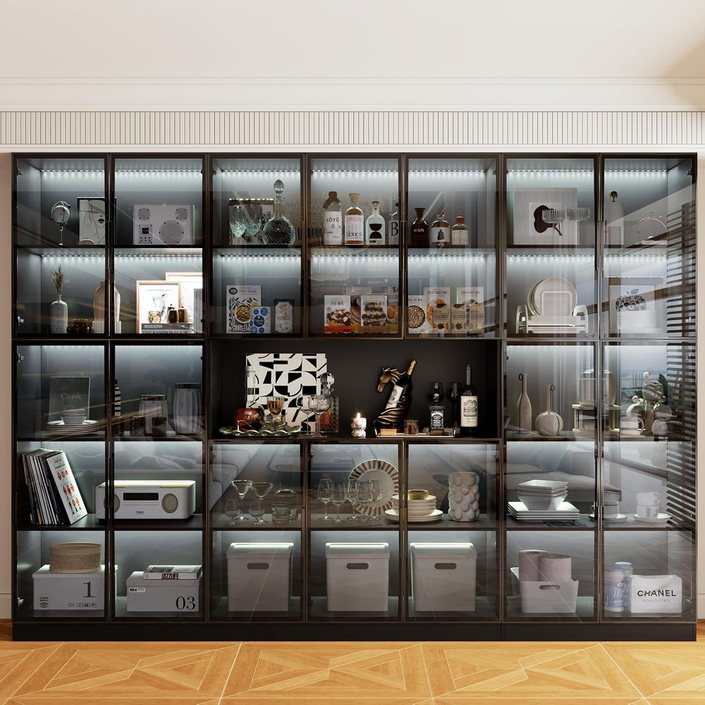 Bobve 78” LED Storage Cabinet Set with Glass Doors,Large Pantry Cabinets,Mult...