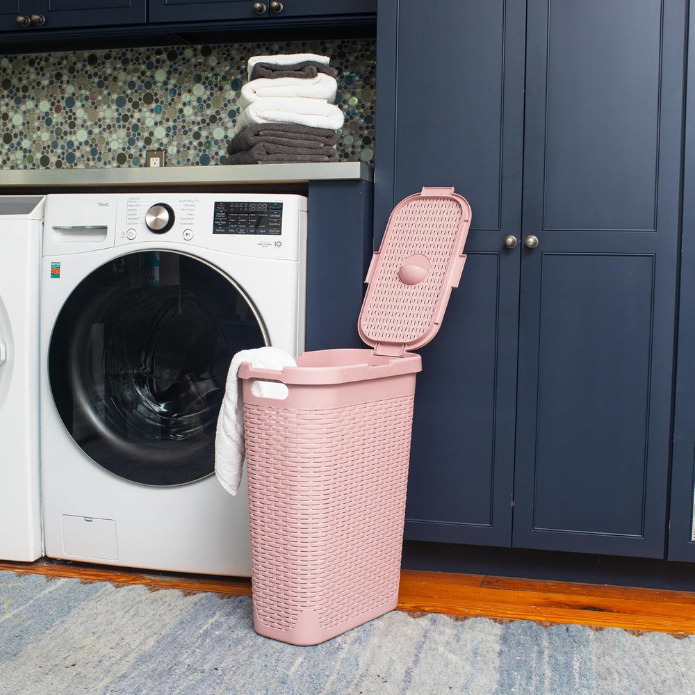 Mind Reader Slim Laundry Hamper with Lid, 40L Clothes Basket, Narrow Tapered ...