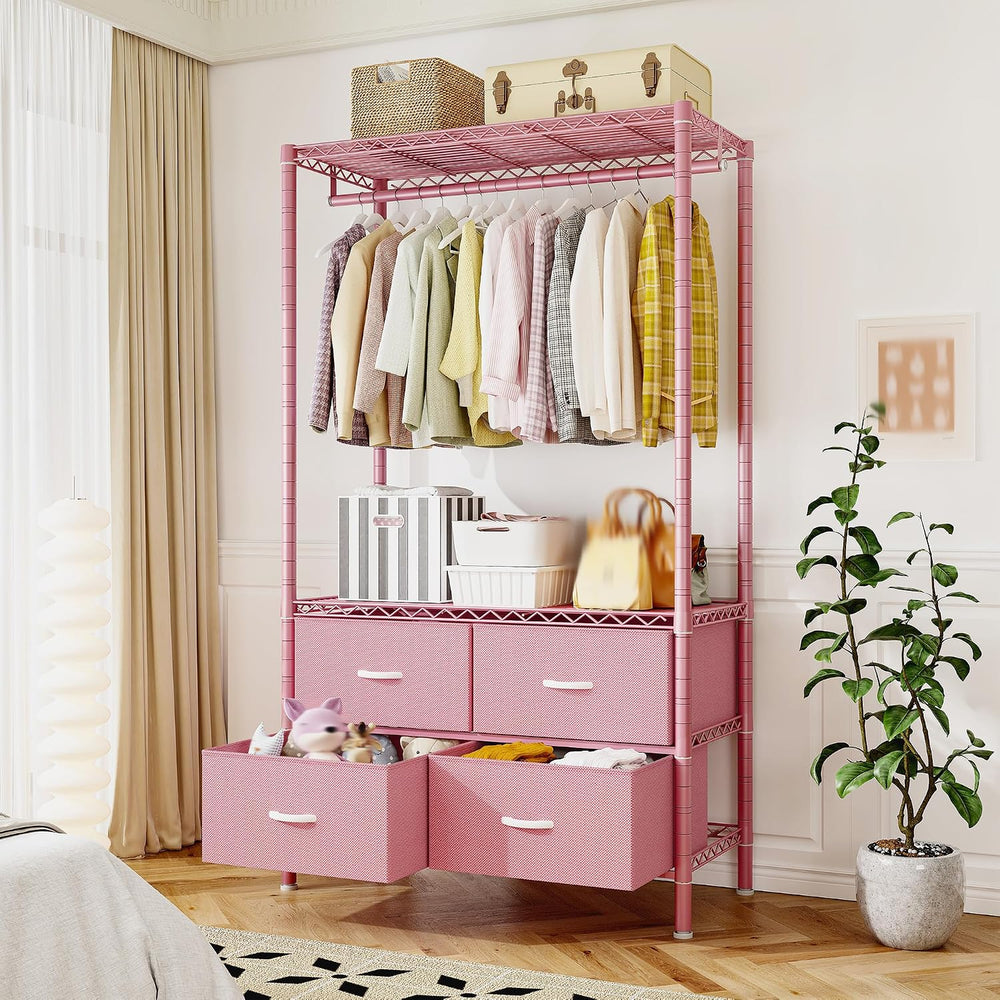 Raybee Clothes Rack, Portable Closet for Bedroom, Dorm, 4 Drawers, Pink