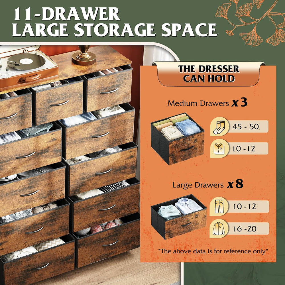 WLIVE Tall Dresser for Bedroom, 11 Drawer Chest of Drawers, Rustic Brown