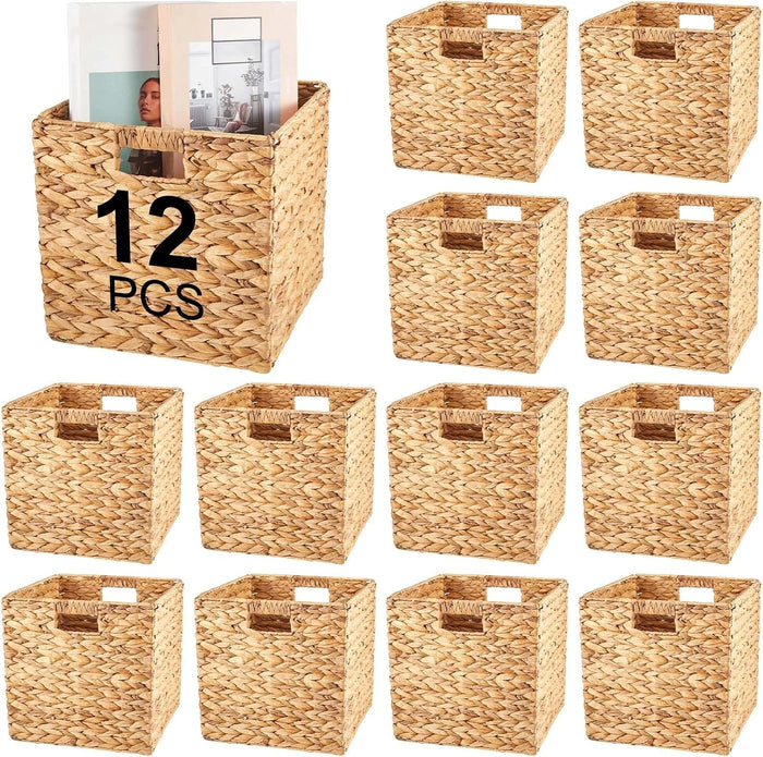 Jinei 12 Pcs Water Hyacinth Storage Baskets 12"x12"x12" Wood Color