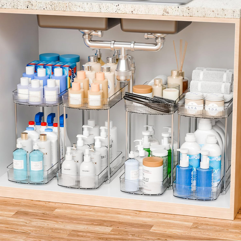 4 Pack Large Pull Out Bathroom Organizers and Storage,2 Tier 12.8″ Tall Slidi...