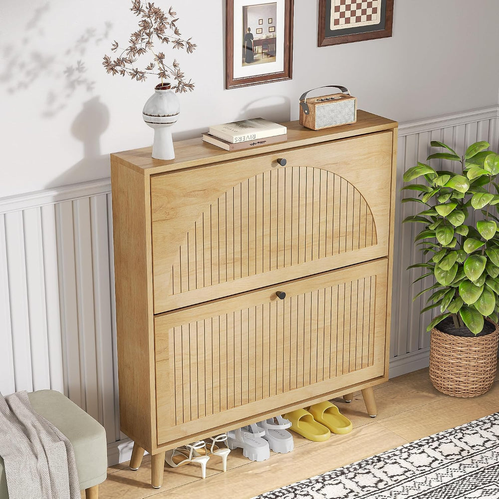 Fsbecl Shoe Storage Cabinet for Entryway with 2 Fluted Flip Drawers, Oak