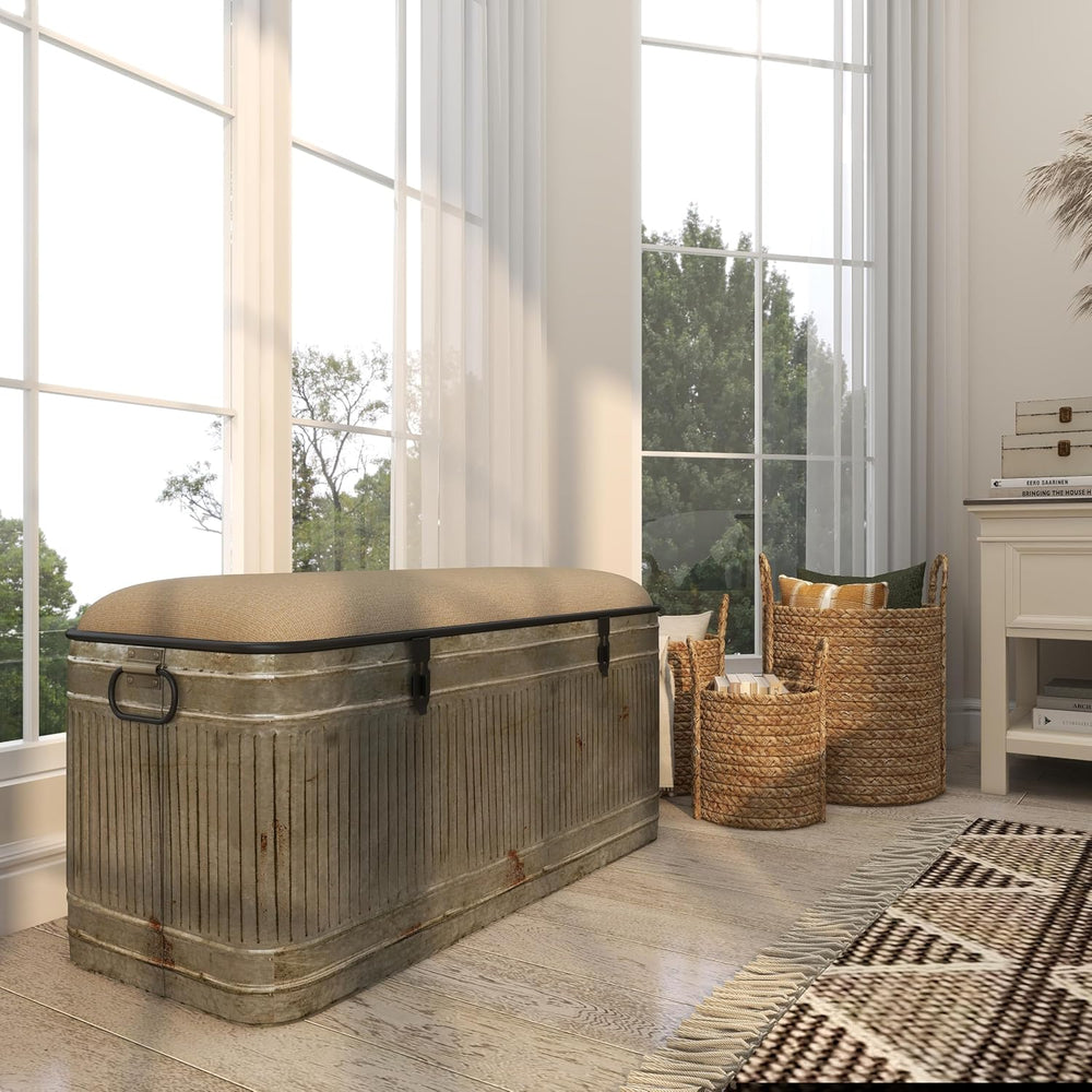 Deco 79 Metal Room Storage Bench Galvanized Entryway Bench with Cream Burlap ...