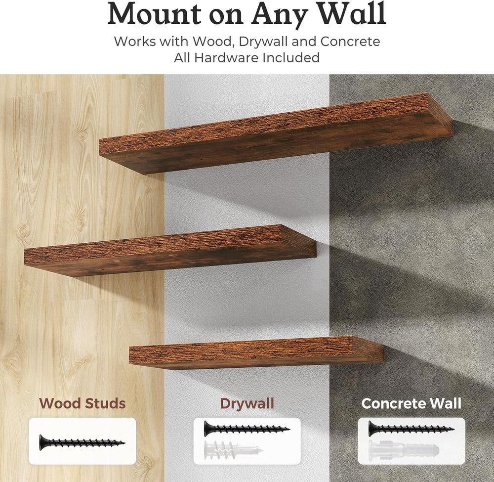 24" Rustic Brown Floating Shelves 12inch Deep Wall Shelf, Set of 2