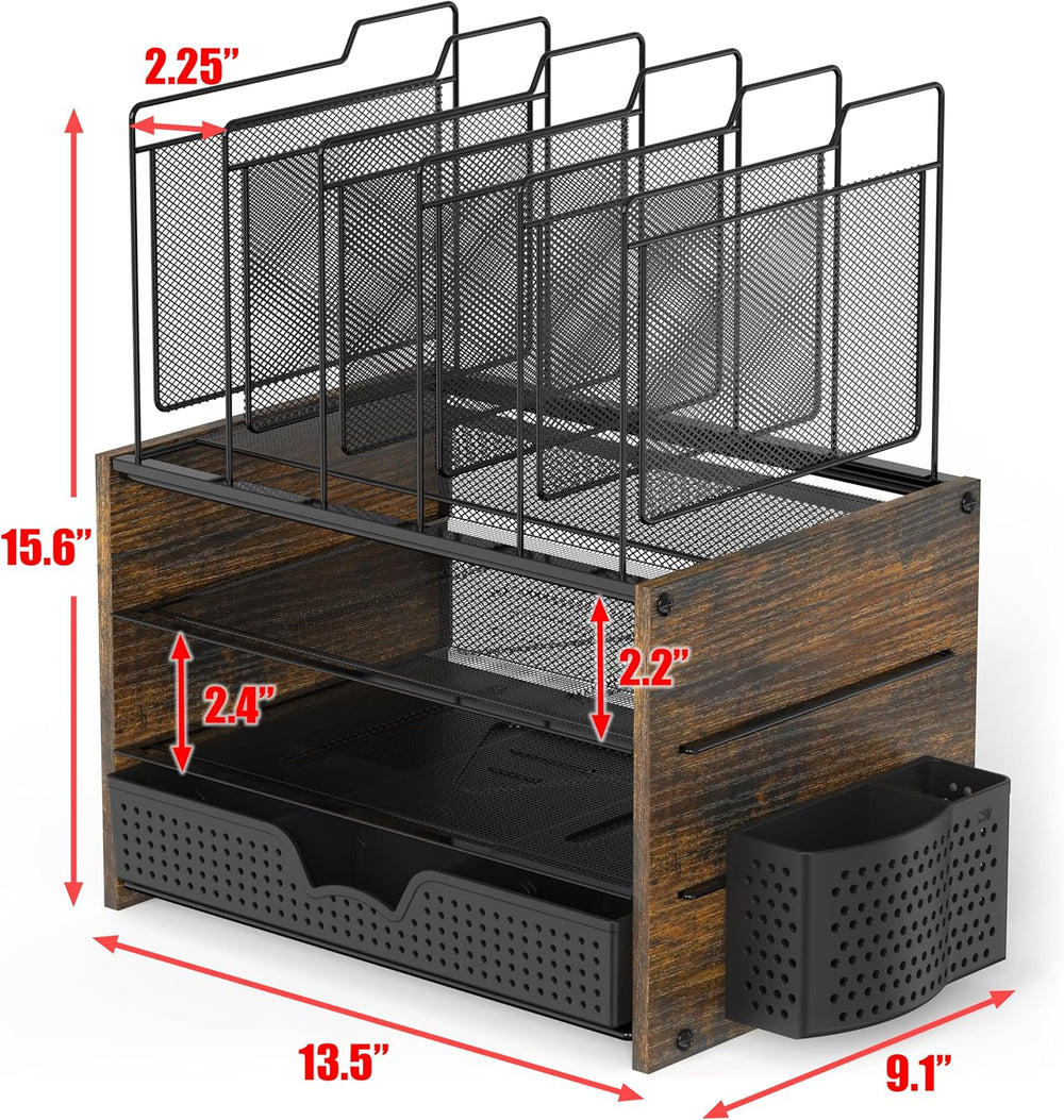 Simple Houseware Mesh Desk Organizer with Wooden Side Board, Rustic Brown