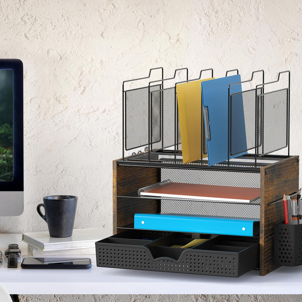Simple Houseware Mesh Desk Organizer with Wooden Side Board, Rustic Brown