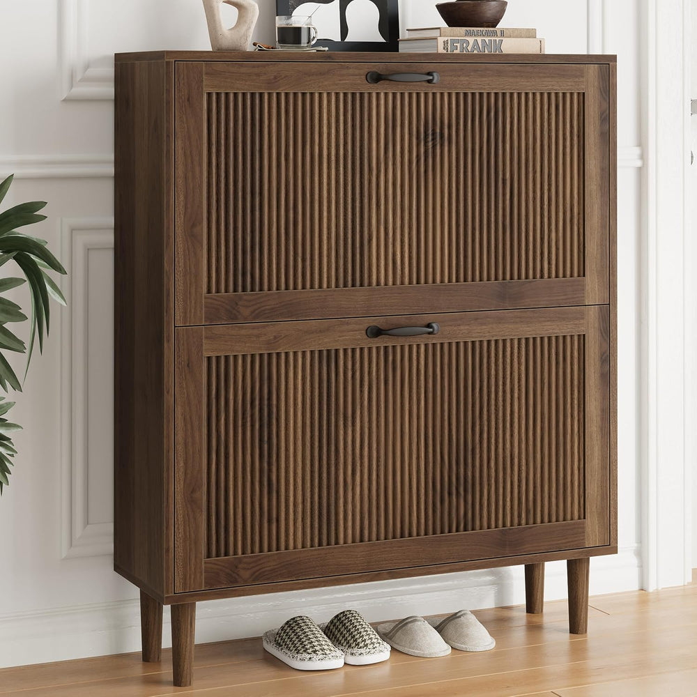 Smuxee Walnut Shoe Cabinet with 2 Flip Drawers, 31.5" Hidden Shoe Storag...