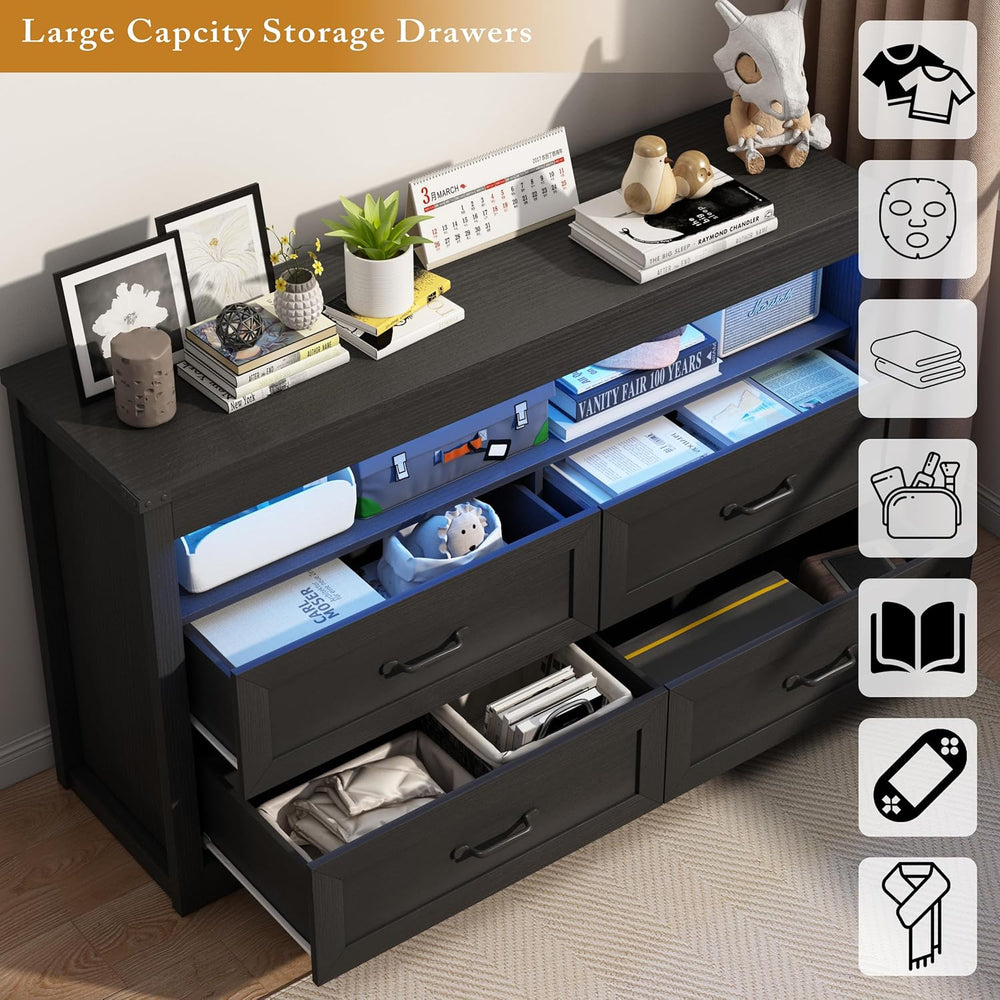 Wodeer Black Dresser for Bedroom, Wood 4 Drawer Dresser with LED Light, Dress...