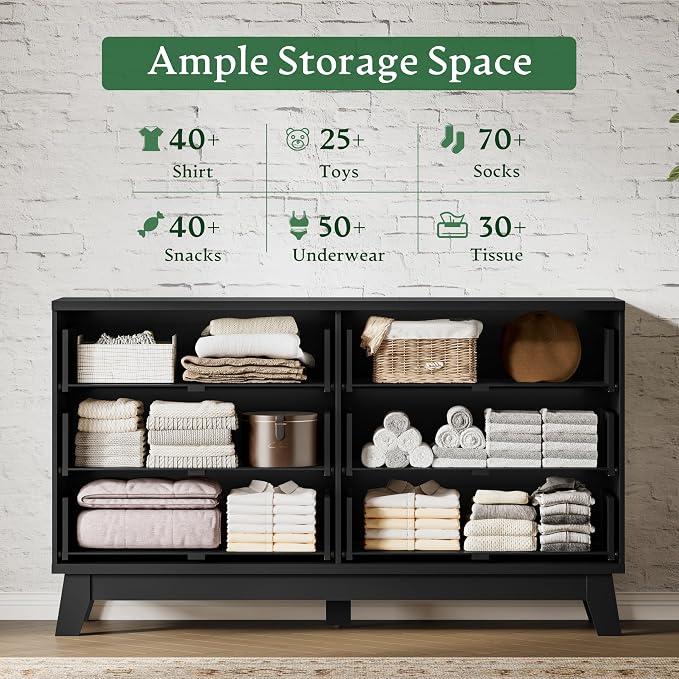 Fluted Dresser with 6 Drawers, Wooden Dresser TV Stand, Wood Closet Clothes
