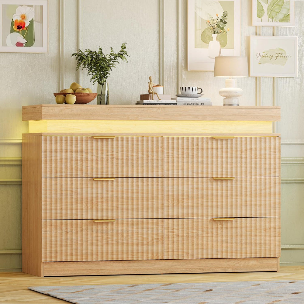 Fluted 6 Drawer Dresser LED Lights & Charging Station, Natural Oak