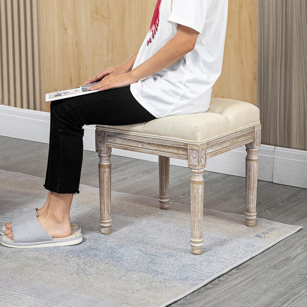 HOMCOM 16" Vintage Ottoman Tufted Foot Stool with Upholstered Seat Beige