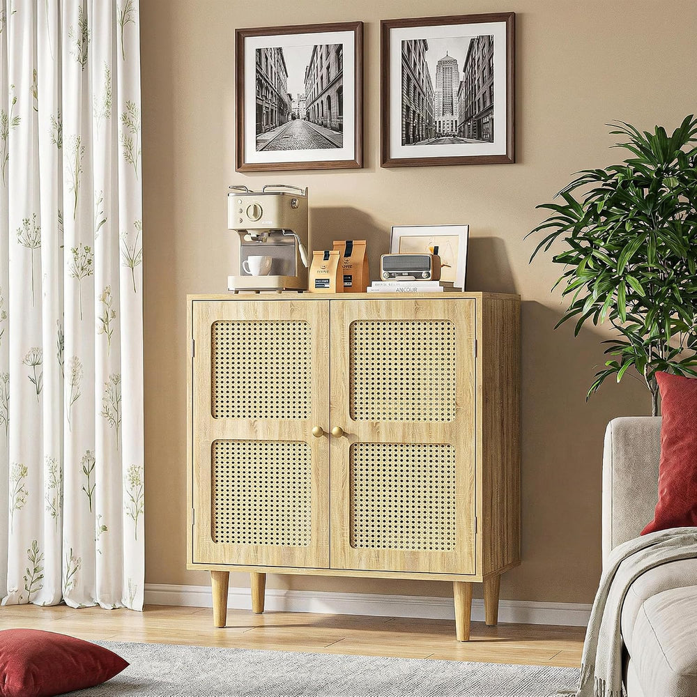 Rattan Sideboard Buffet Cabinet with Storage,Boho Credenza Accent Cabinet wit...