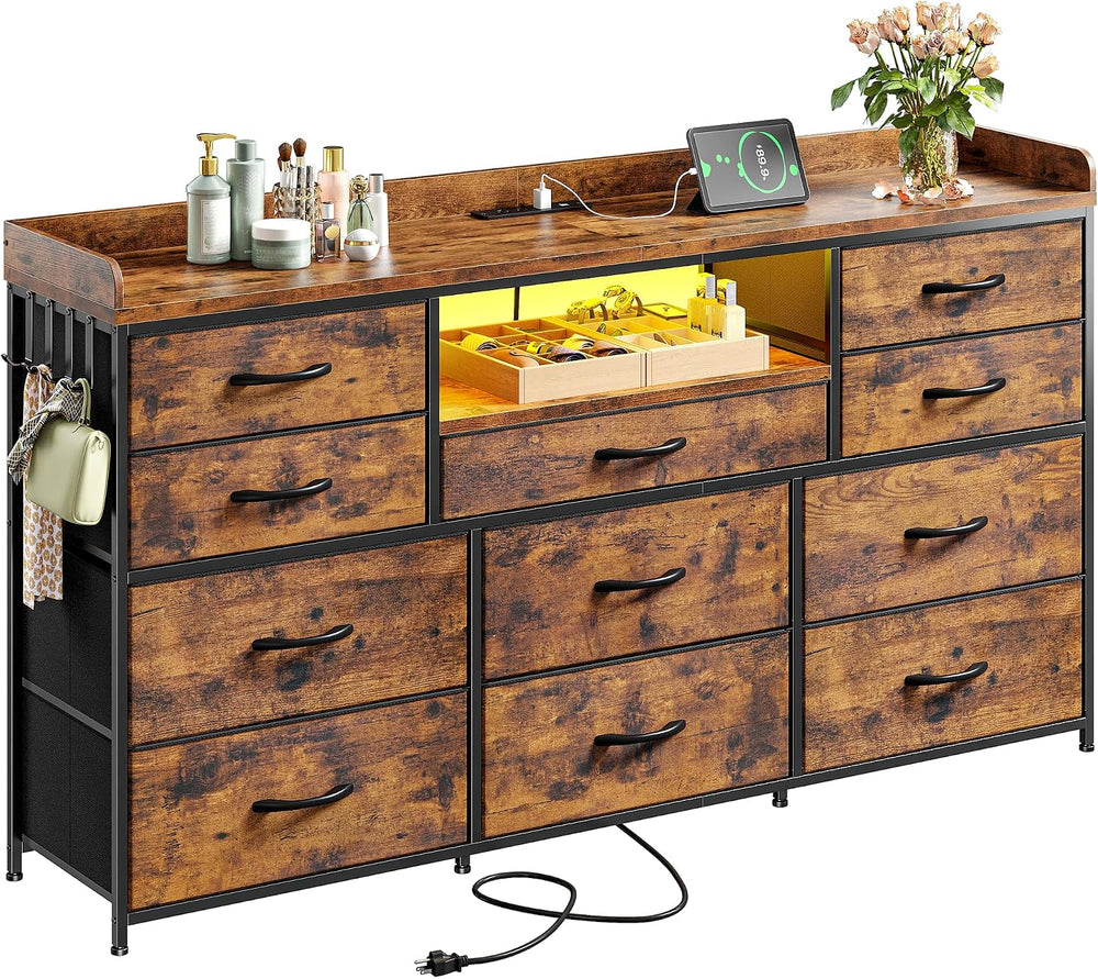 EnHomee LED Dresser for Bedroom with Charging Station,11 Drawers & 4 Hooks