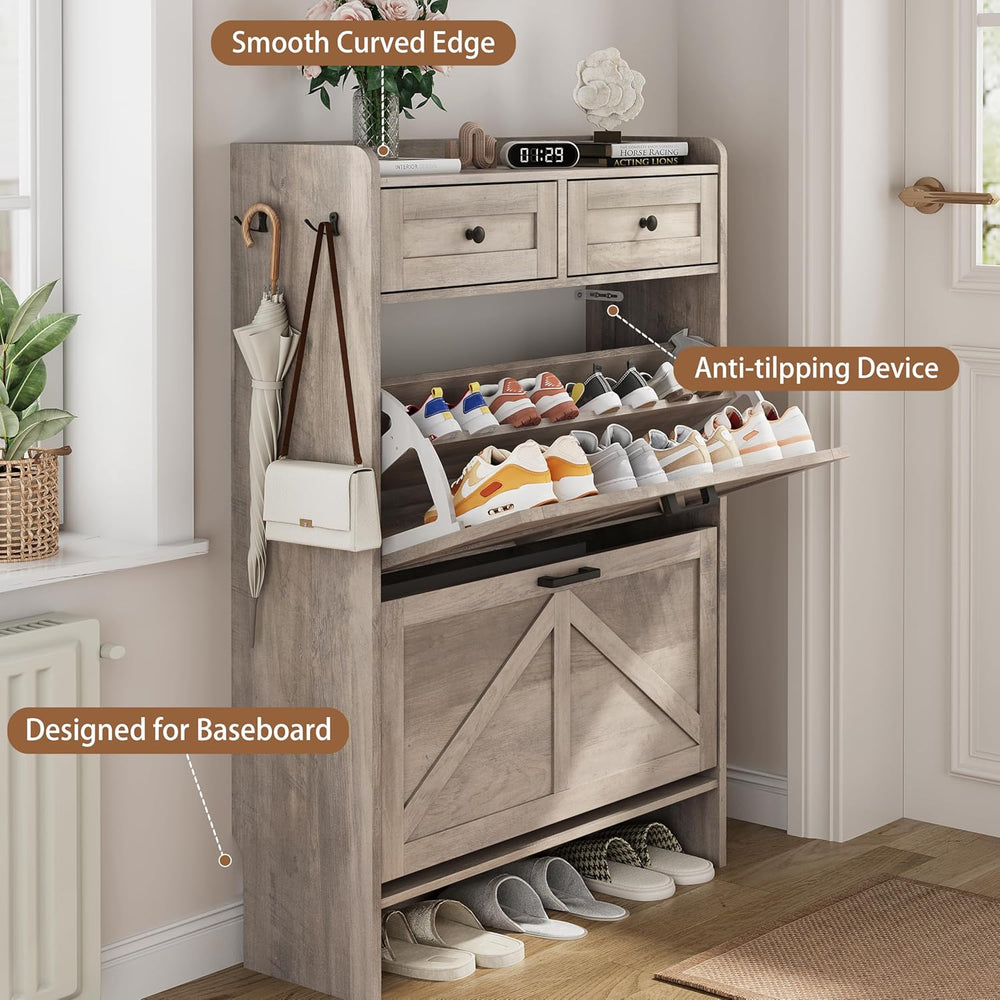 Shoe Cabinet with 2 Flip Drawers & 2 Top Drawers, 43" Tall Freestand...