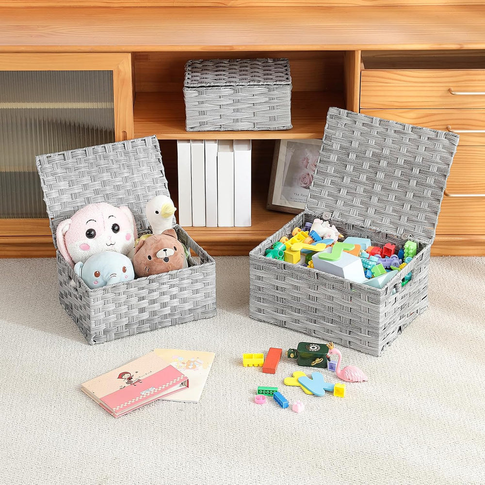 YMhoart Woven Storage Bins With Lids Shelf Baskets Wicker Organizing Rattan B...