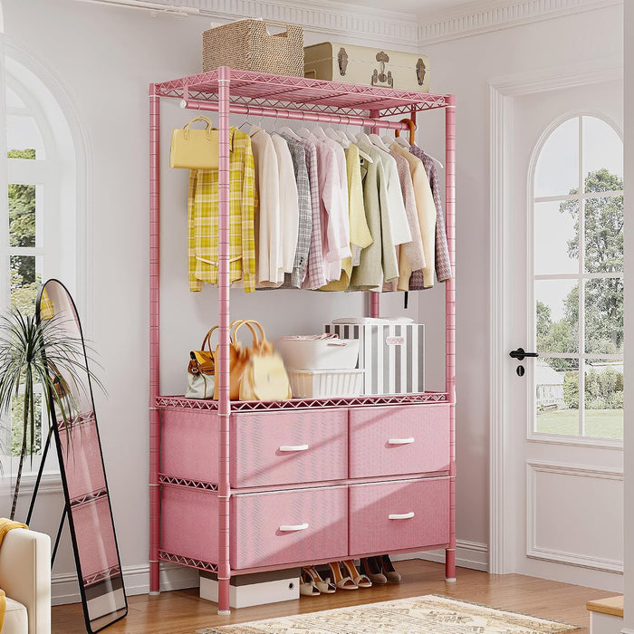 Raybee Clothes Rack, Portable Closet for Bedroom, Dorm, 4 Drawers, Pink