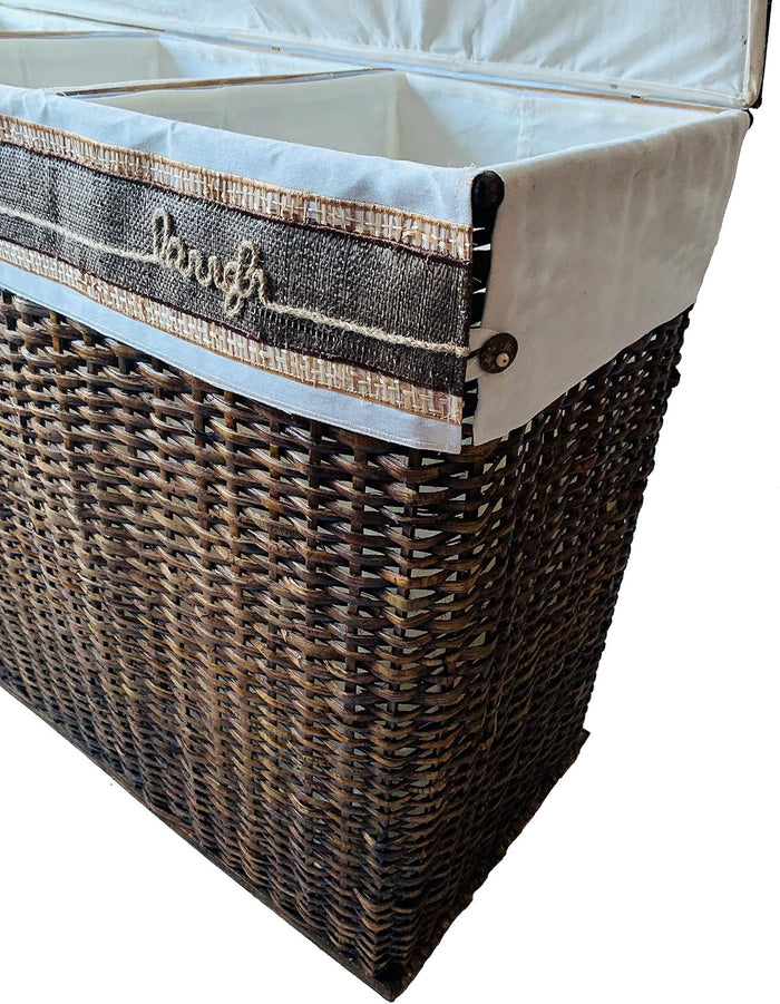 Handcrafted Wicker Oversized 3 Section Divided Laundry Hamper Sorter and Organizer Handwoven Rattan Basket with Lid, Cloth Liner and Coconut Buttons, Jute Rope, and Raffia Weave Accent