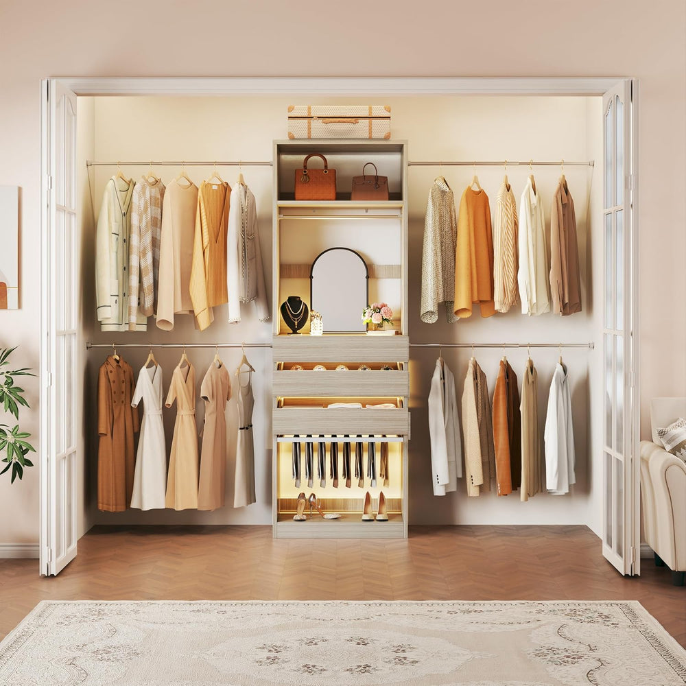 Closet System, 4-8 FT Closet Organizer with 3 Wood Drawers & Glass Top, Oak