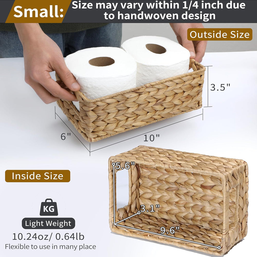 4 Small 3.6 QT Water Hyacinth Wicker Baskets for Shelves, 10" Long Woven...