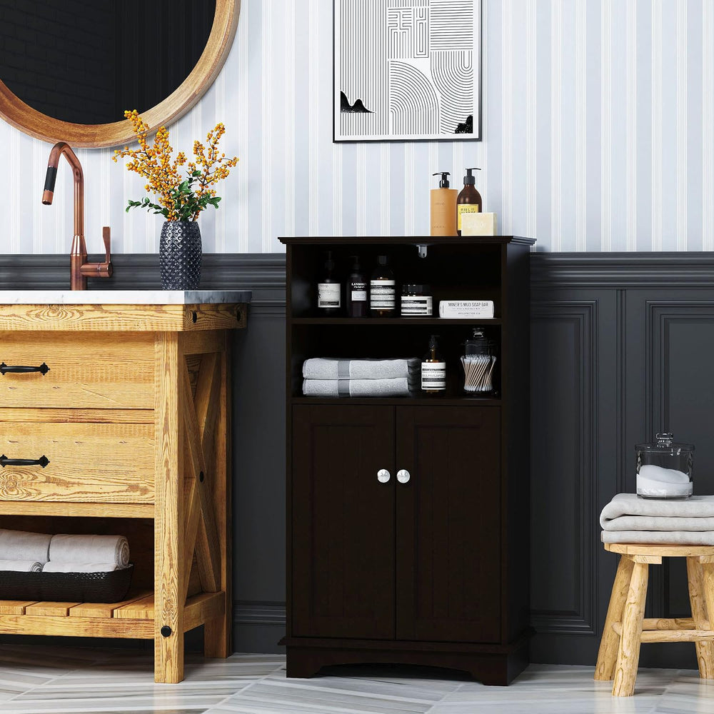 Spirich Small Bathroom Storage Cabinet with Doors & Open Shelves, Espresso