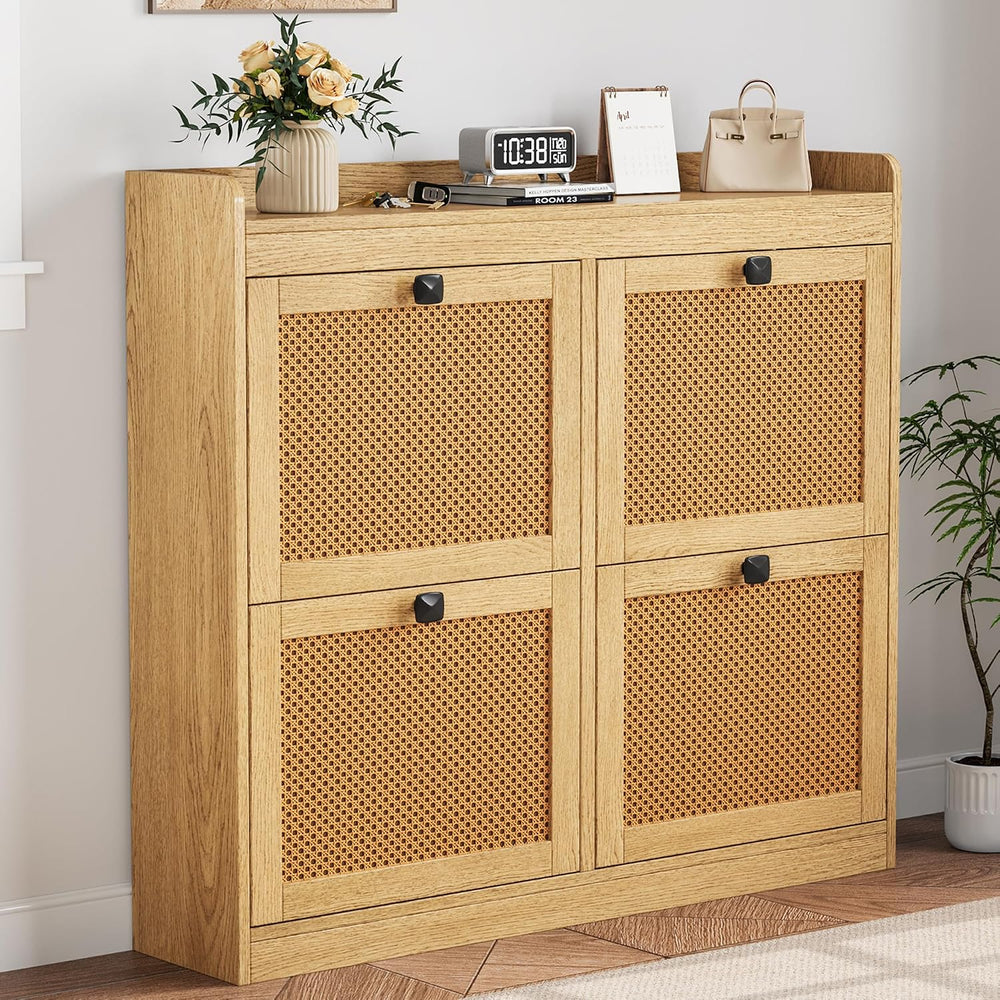 Garvee Shoe Storage Cabinet with 4 Flip Drawers, Wood Shoe Cabinet with Ratta...