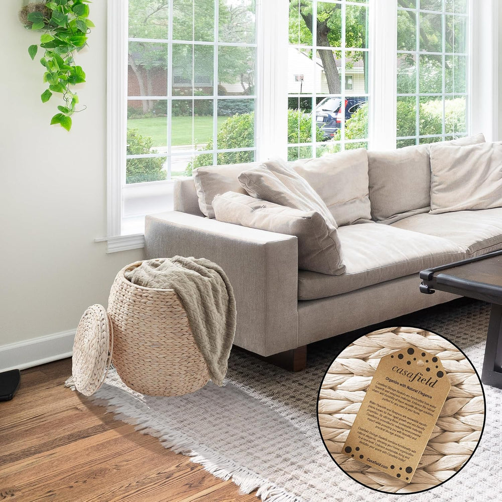 Casafield Round Storage Basket with Lid - Whitewash, Handwoven Water Hyacinth...