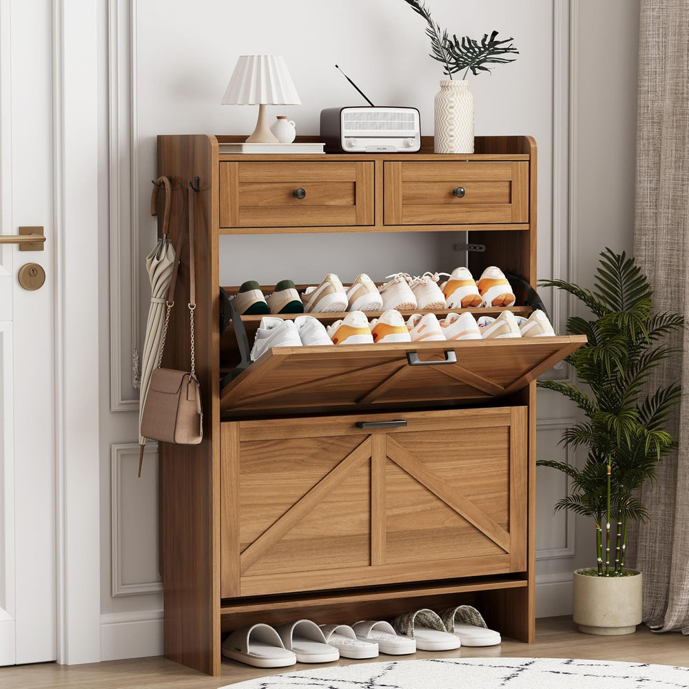Shoe Cabinet with 2 Flip Drawers & 2 Top Drawers, 43" Tall Freestand...