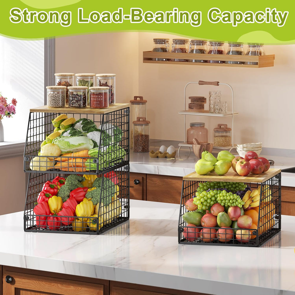 Jakyitvi 4 Pack Stackable Wire Baskets with Fixed Wooden Top, Vegetable Fruit...