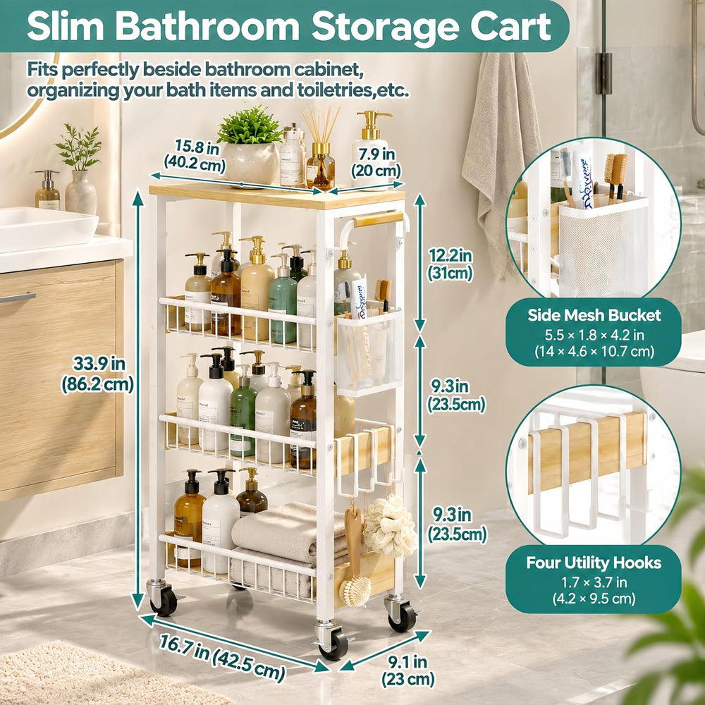 DTUQYX Slim Rolling Storage Cart, 4 Tier Small Organizer Cart with Wheels, Me...